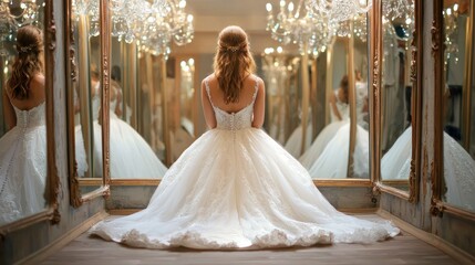 A bride trying on wedding dresses in a boutique surrounded by mirrors.