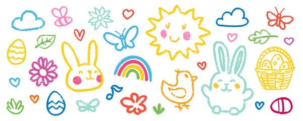 Crayon Pencil Colorful Easter Squiggles Vector Set. Chalk Scribble Spring Shapes Collection. Hand Drawn Brush Texture Holiday Flowers, Bunny and Eggs Squiggles. Pencil Childish Girly Charcoal Doodles