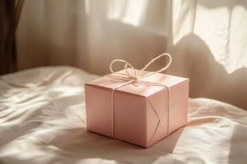 Pink Gift Box on a Bed in Sunlight