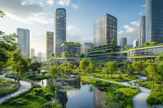 urban afforestation and landscape of modern city, sustainable concept