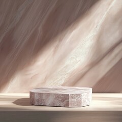 Elegant Octagonal Marble Display Platform on Wooden Surface with Soft Lighting