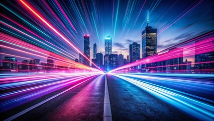 Fototapeta premium Neon Speed Lines: Dynamic Night Road, Vibrant Glowing Stripes, Urban Energy, High Depth of Field Stock Photo