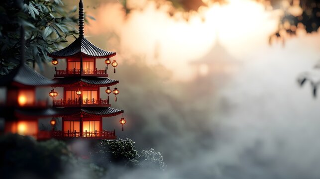 Traditional Asian pagodas framing the image with soft lantern lights illuminating the misty dreamy background landscape Tranquil spiritual atmosphere exuding from the serene cultural landmark
