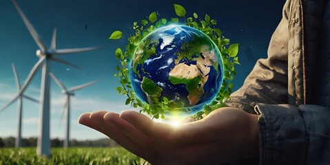 Planet earth in hand with Green power symbols, alternative ecological energy 3D vector poster, wind turbine, solar panel 
