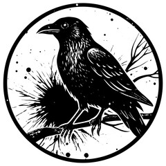 Dark Raven in a Moonlit Night – Gothic Woodcut Style with Mystical Atmosphere and Intricate Details