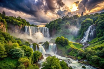 Fototapeta premium Majestic Marmore Waterfall Umbria Italy Spring Cloudy Day Surreal Photography