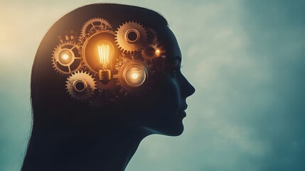 Silhouette of woman with gears and lightbulb in brain