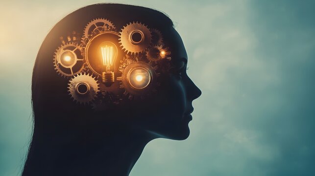 Silhouette of woman with gears and lightbulb in brain