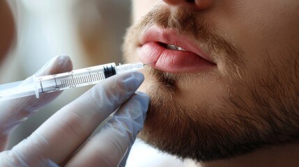 Cosmetology treatment for male lip enhancement at a beauty clinic