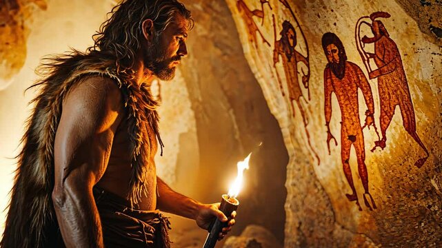 A Cave Explorer Using a Torch to Observe Stunning Ancient Rock Art