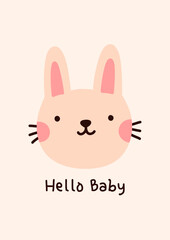 Cute baby shower card in pastel colors featuring a bunny with the words Hello Baby. Perfect for invitations, posters, greeting cards, decorations. Vector flat illustration.