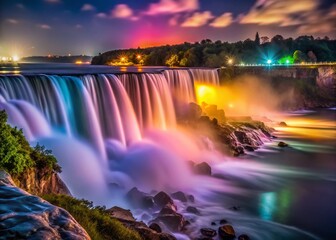Obraz premium Niagara Falls Night Photography: Majestic Waterfalls Illuminated at Night