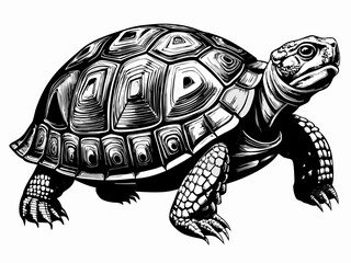 Fototapeta premium Detailed Black and White Turtle Sketch – Realistic Tortoise Drawing with Intricate Shell Texture
