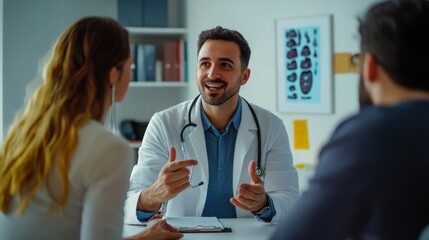 A doctor explaining medical terms to a patient with visual aids, in a modern
