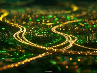 Aerial View of an Illuminated Urban Cityscape at Night with Traffic Flowing on Highways