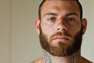 Obraz premium Intense gaze highlights rugged features and intricate tattoo det