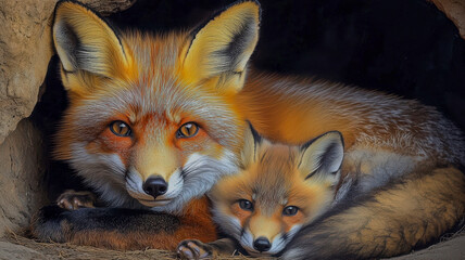Fototapeta premium Red fox with her cub