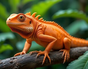 Fototapeta premium Orange Iguana Resting on Branch with Green Foliage Background Close-up