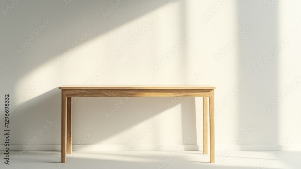 Poster Wooden table stands vacant against sunlit wall, minimalist room, background blur