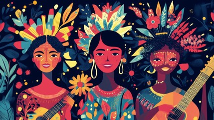 Obraz premium Colorful illustration of three women with floral headdresses playing guitar in a vibrant jungle setting