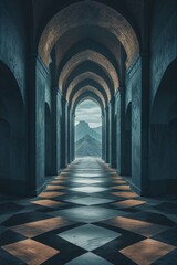 Fototapeta premium Dramatic hallway with arches and a view of mountains in the distance. Architectural beauty.