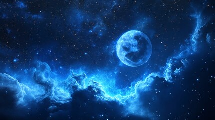 Obraz premium Stunning Night Sky with Bright Moon and Cosmic Blue Clouds