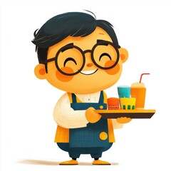 Fototapeta premium Cheerful Boy Serving Drinks and Desserts on a Colorful Tray