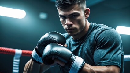 Intense young male boxer preparing for a match, wearing black gloves and a gray athletic shirt in a well-lit gym