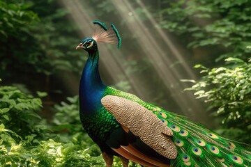 Obraz premium Vibrant peacock stands proudly amidst lush greenery, illuminated