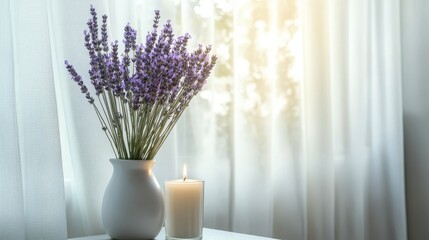 Tranquil lavender bouquet in vase with candle on white table by window