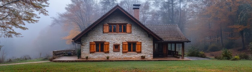 Obraz premium Classic stone cottage with wooden shutters and a thatched roof, nestled in a misty morning forest, timeless rural elegance