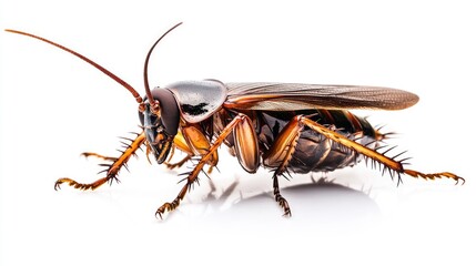 High-resolution image of a cockroach in sharp focus, resting on a pure white background