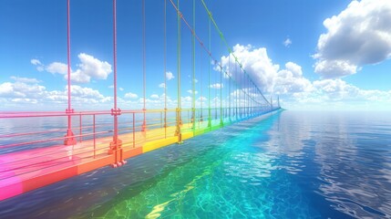 Fototapeta premium Vibrant Suspension Bridge Over Calm Waters Under Bright Blue Sky