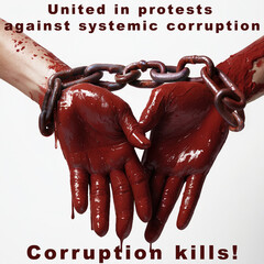 Two chained hands, which are covered in a red substance resembling blood, symbolizing systemic corruption's impact. 