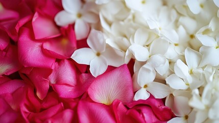 An intricately detailed macro shot of jasmine and rose petals intertwined in a traditional Thai floral garland, showcasing delicate textures and cultural elegance