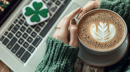 Close-up of female hands on a silver laptop keyboard, dressed in a cozy green sweater, next to a steaming cup of Irish coffee and a shamrock-shaped notepad