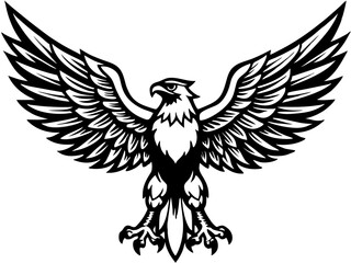 Black and White Heraldic Eagle Illustration – Stylized Spread Wings, Fierce Expression, Iconic Symbol