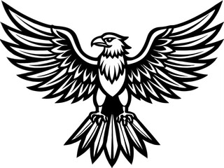Black and White Heraldic Eagle Illustration – Stylized Spread Wings, Fierce Expression, Iconic Symbol