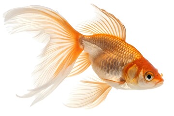 A close-up, studio-style image of a single goldfish with flowing fins, swimming against a clean white background