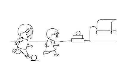 Children Playing Indoor Soccer Ball Game Simple Line Art Drawing