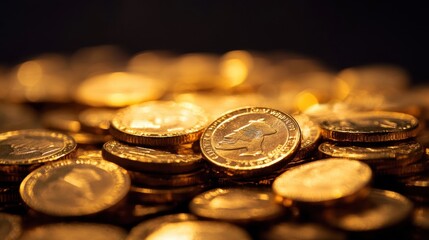 Pile of gold coins with a dark corporate background, symbolizing financial success.
