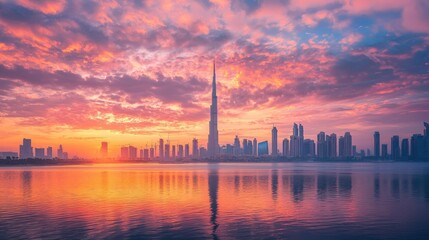 Naklejka premium A city skyline framed by the pastel pink and orange shades of a breathtaking sunset.