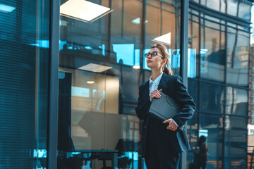 Business professional walking confidently outside a modern glass office building during the day