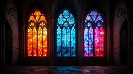 Obraz premium Beautiful stained glass windows with vibrant colors in a gothic cathedral interior showcasing artistry and architectural elegance