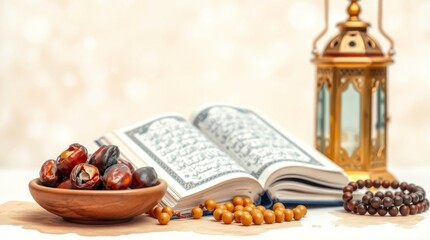 Ramadan Still Life with Dates, Quran, and Lantern