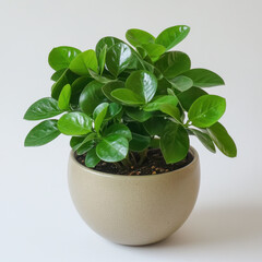 lush green potted plant with glossy leaves in beige ceramic pot, adding touch of nature to any space. Perfect for home or office decor
