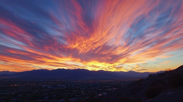 A cityscape silhouetted against a breathtaking sunset sky filled with streaks of color