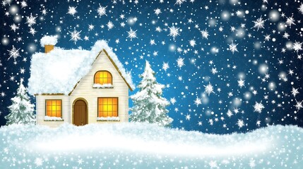 Fototapeta premium A cozy snow covered cottage surrounded by falling snowflakes at night