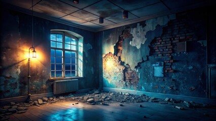 Night Photography: Room with Broken Wall, Empty Space for Design - Stock Photo