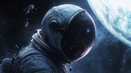 A futuristic astronaut with a cracked helmet, gazing at an alien planet,